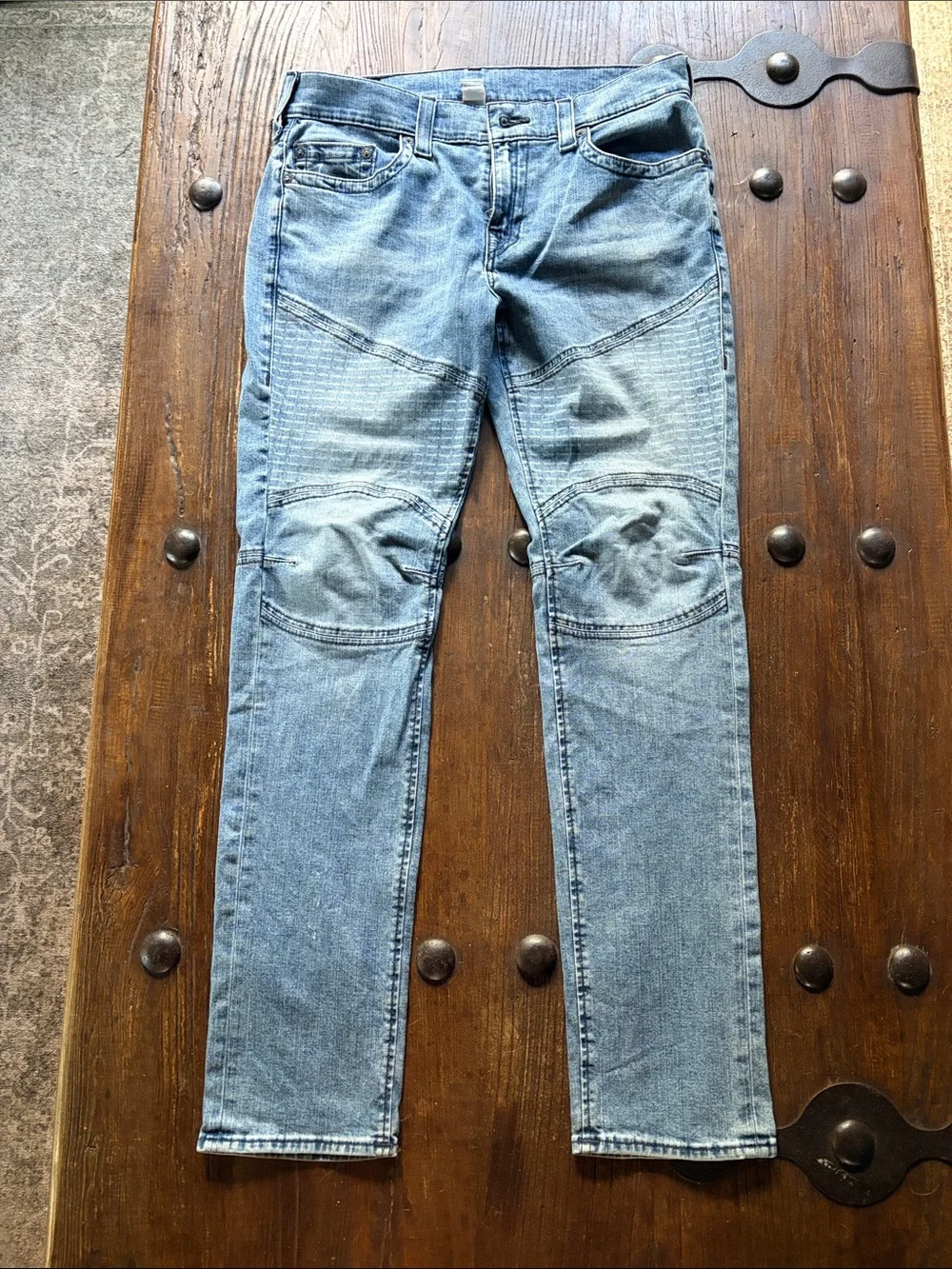 True Religion Men's Light Blue Skinny Moto Jeans with Knee Paneling